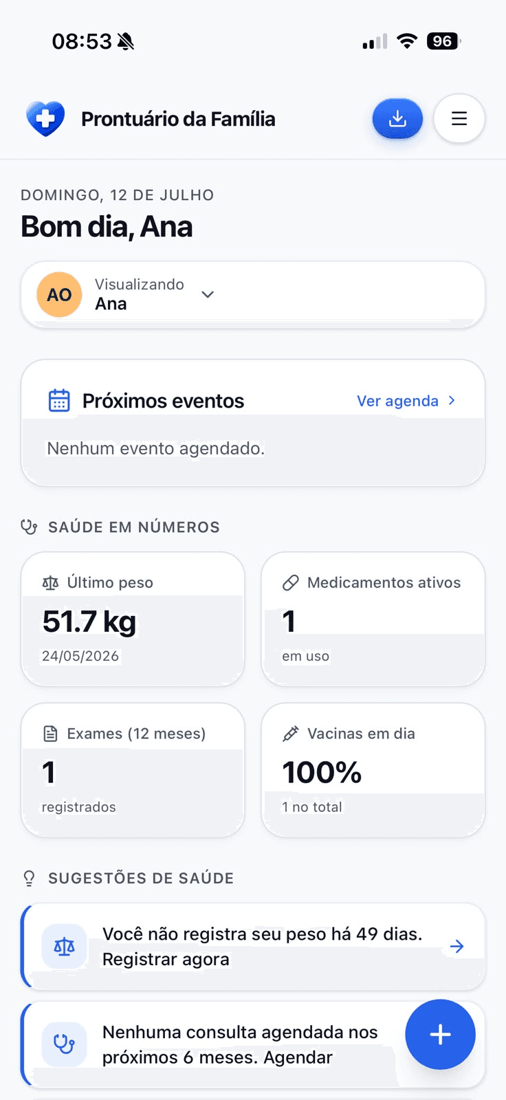 Painel do app mostrando os números de saúde de Ana