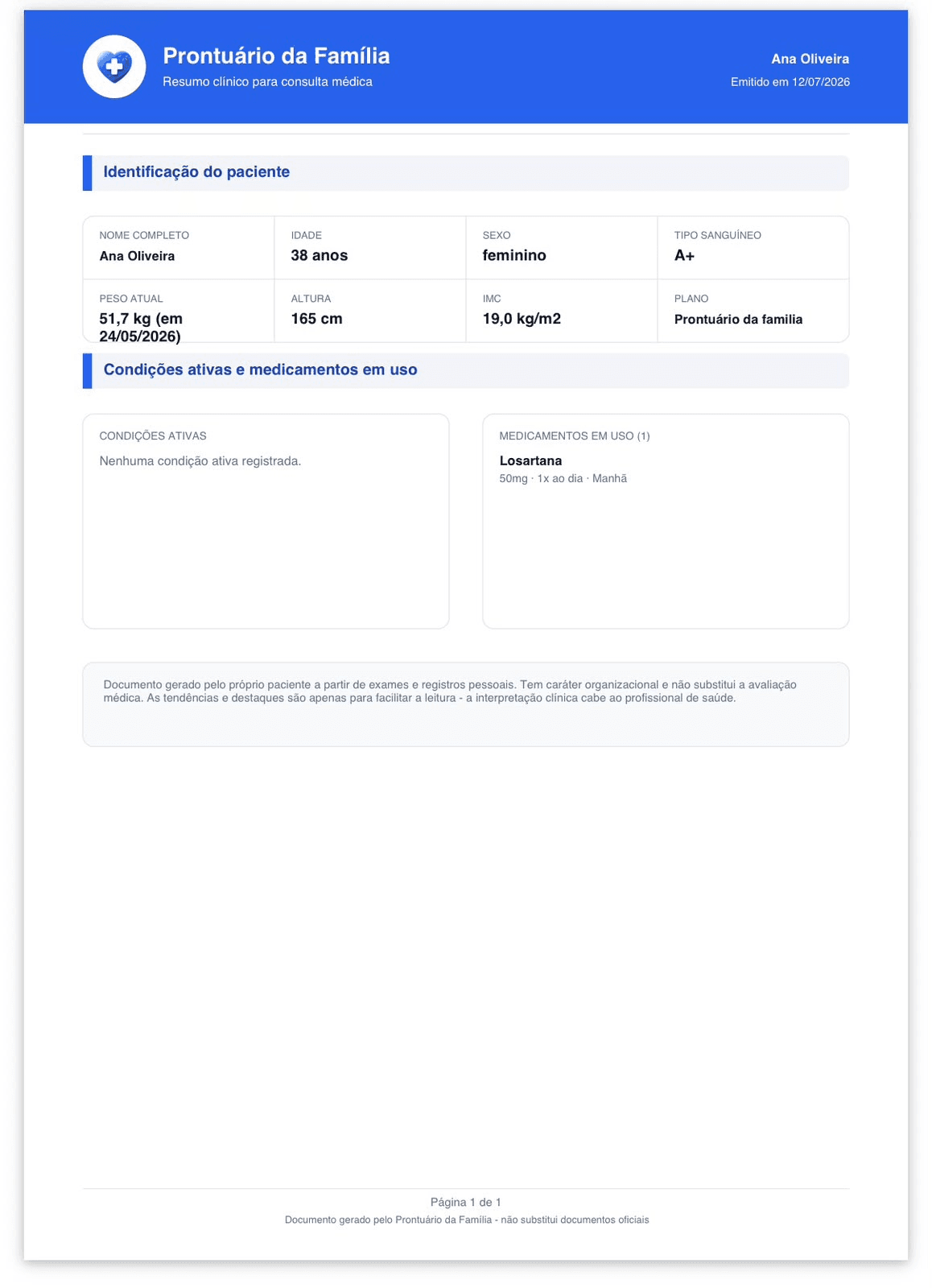 Resumo clínico em PDF gerado pelo app